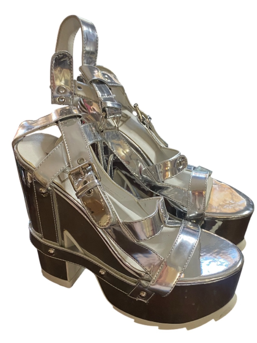 YRU Nightcall Silver Chrome Platform Heels Strappy Size 8 Lolita Cosplay